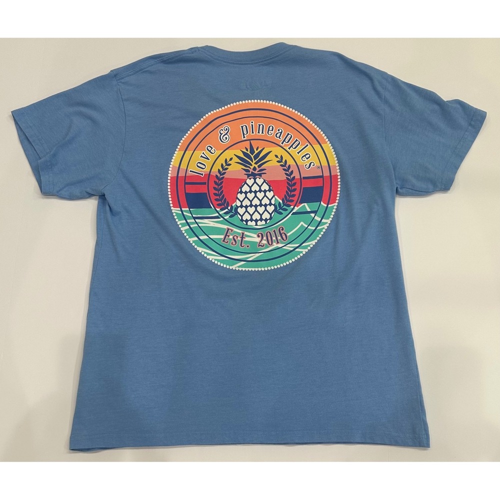 Love & Pineapples Womens Blue Graphic T-Shirt Est 2016 Sunset Beach Tee Large